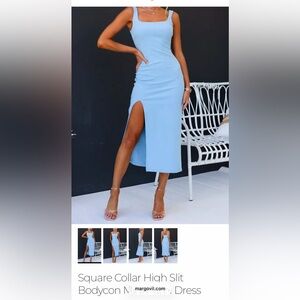 Square collar high slit bodycon dress